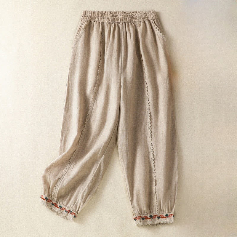 Buddha Stones Casual Plain Lace Side Design 7-8 Length Cotton Linen Women's Harem Pants With Pockets - PaleGoldenrod - US8-10,UK/AU12-14,EU40-42 (2XL) - image 0