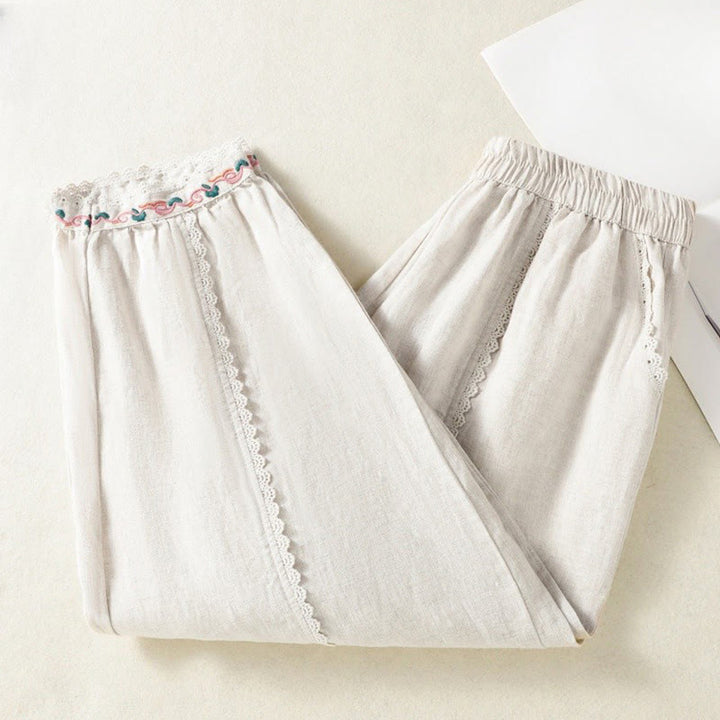 Buddha Stones Casual Plain Lace Side Design 7-8 Length Cotton Linen Women's Harem Pants With Pockets - Beige - US8-10,UK/AU12-14,EU40-42 (2XL) - image 16