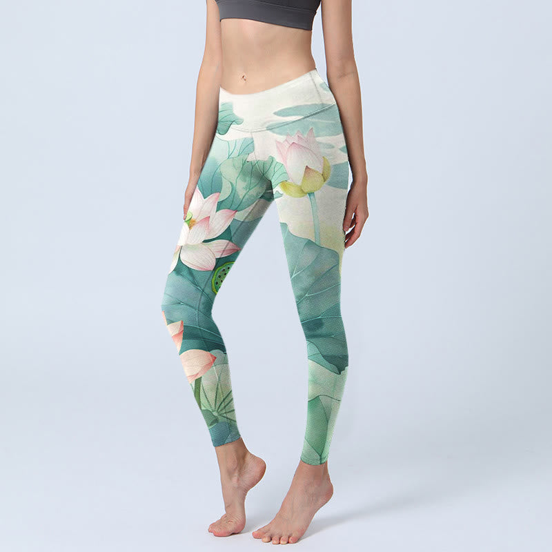 Buddha Stones Lotus Flowers Leaves Lotus Pods Pattern Print Gym Leggings Women's Yoga Pants - MintCream - US18,UK/AU22,EU50 (4XL) - image 0