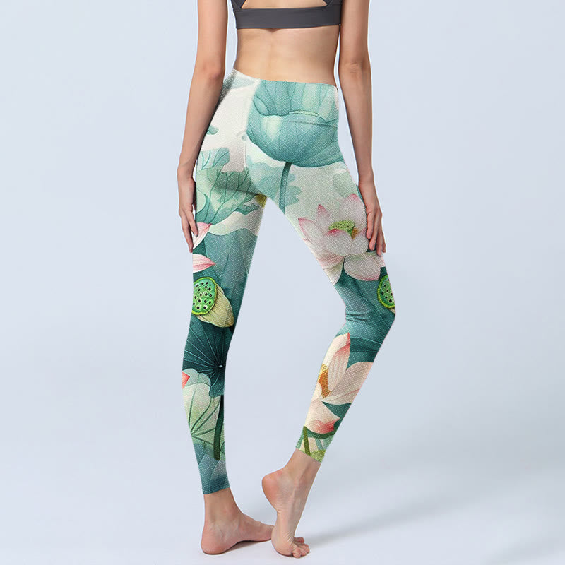 Buddha Stones Lotus Flowers Leaves Lotus Pods Pattern Print Gym Leggings Women's Yoga Pants - image 3