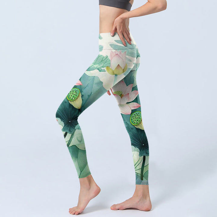 Buddha Stones Lotus Flowers Leaves Lotus Pods Pattern Print Gym Leggings Women's Yoga Pants - image 2