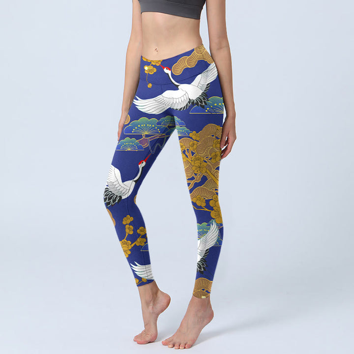 Buddha Stones Flying Red-Crowned Crane Pine Tree Flower Pattern Print Gym Leggings Women's Yoga Pants - MediumBlue - US18,UK/AU22,EU50 (4XL) - image 0