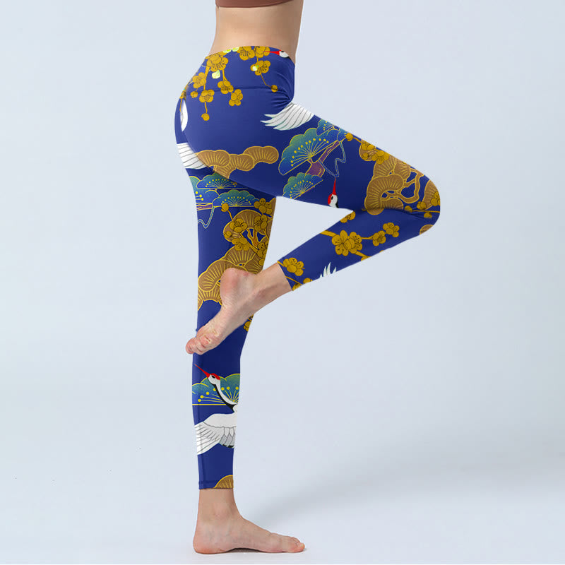 Buddha Stones Flying Red-Crowned Crane Pine Tree Flower Pattern Print Gym Leggings Women's Yoga Pants - image 3