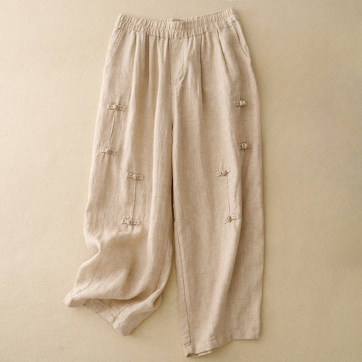 Buddha Stones Casual Plain Frog-Button Design 7-8 Length Cotton Linen Women's Harem Pants With Pockets - Wheat - US8-10,UK/AU12-14,EU40-42 (2XL) - image 7