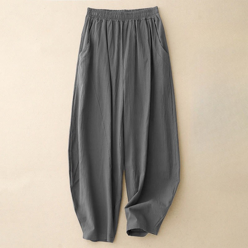 Buddha Stones Daily Plain Elastic Waistband Cotton Linen Women's Pants With Pockets - SlateGray - US8-10,UK/AU12-14,EU40-42 (2XL) - image 3
