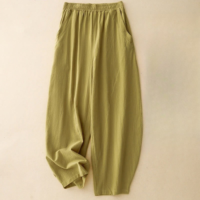 Buddha Stones Daily Plain Elastic Waistband Cotton Linen Women's Pants With Pockets - YellowGreen - US8-10,UK/AU12-14,EU40-42 (2XL) - image 0