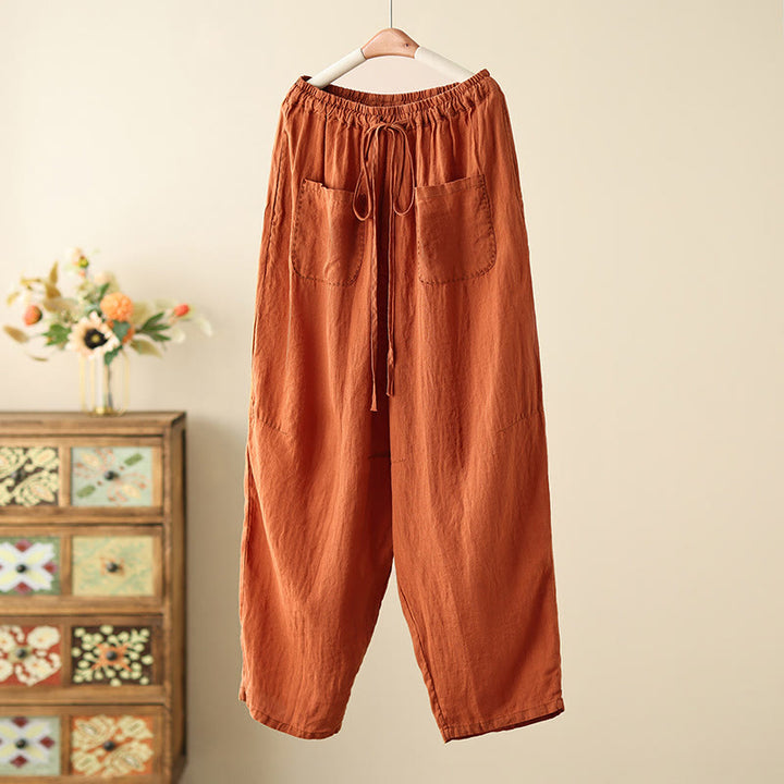 Buddha Stones Casual Plain Wrinkles Design Drawstring 9 Length Cotton Linen Women's Wide Leg Pants With Pockets - DarkOrange - US8-10,UK/AU12-14,EU40-42 (2XL) - image 0