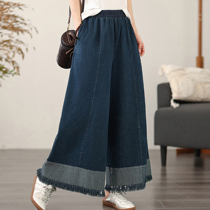 Buddha Stones Spring Vintage Distressed Tassel Design Women's Wide Leg Pants With Pockets - MidnightBlue - US8-10,UK/AU12-14,EU40-42 (2XL) - image 0