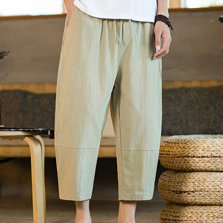 Buddha Stones Simple Design Drawstring Cotton Linen Men's Solid Color Harem Pants With Pockets - PaleGoldenrod - US/UK/AU46,EU56 (5XL) - image 0