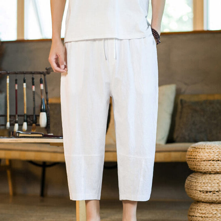 Buddha Stones Simple Design Drawstring Cotton Linen Men's Solid Color Harem Pants With Pockets - White - US/UK/AU46,EU56 (5XL) - image 19