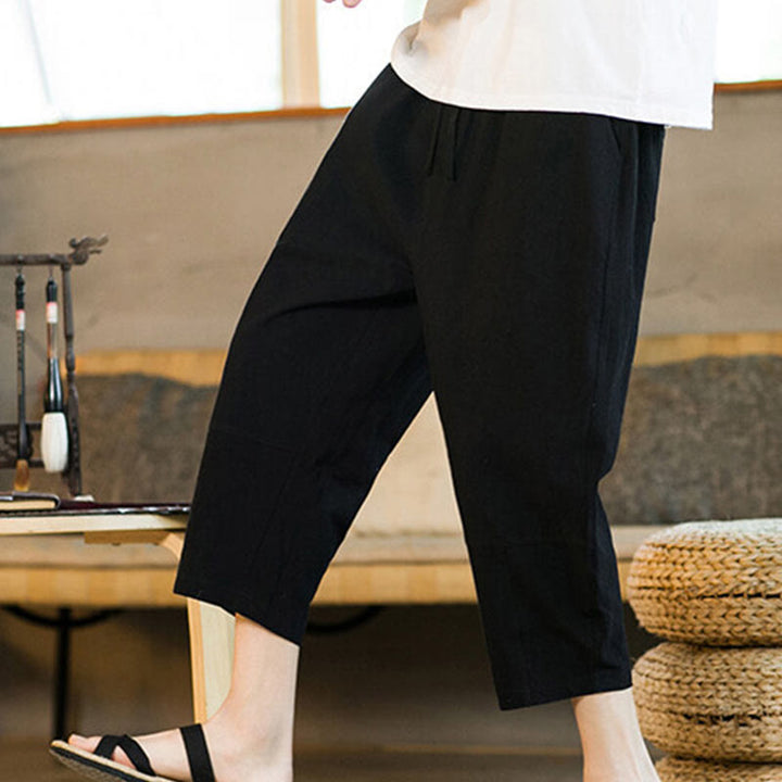 Buddha Stones Simple Design Drawstring Cotton Linen Men's Solid Color Harem Pants With Pockets - image 16