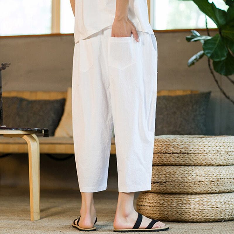 Buddha Stones Simple Design Drawstring Cotton Linen Men's Solid Color Harem Pants With Pockets - image 23