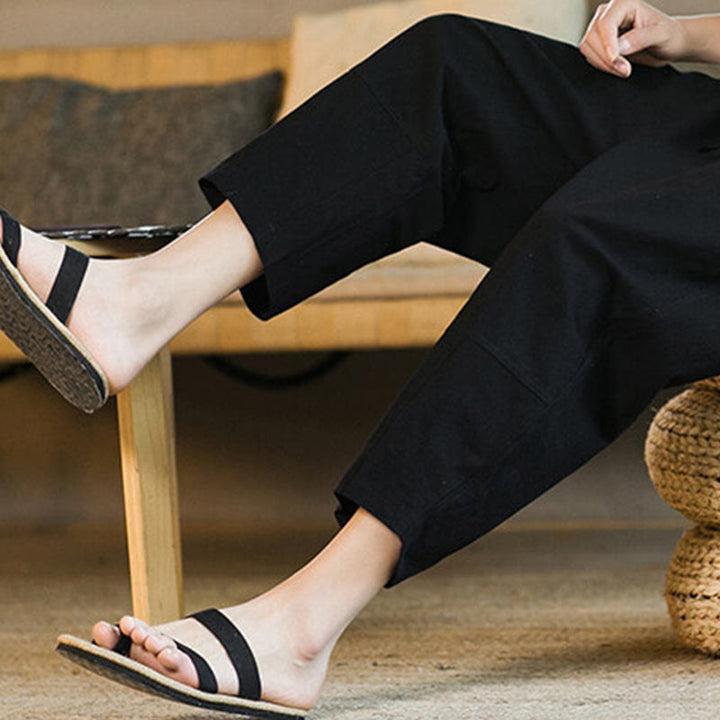 Buddha Stones Simple Design Drawstring Cotton Linen Men's Solid Color Harem Pants With Pockets - image 17