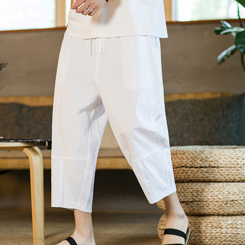 Buddha Stones Simple Design Drawstring Cotton Linen Men's Solid Color Harem Pants With Pockets - image 21