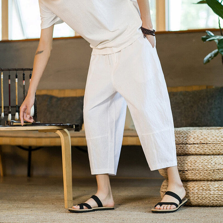 Buddha Stones Simple Design Drawstring Cotton Linen Men's Solid Color Harem Pants With Pockets - image 26