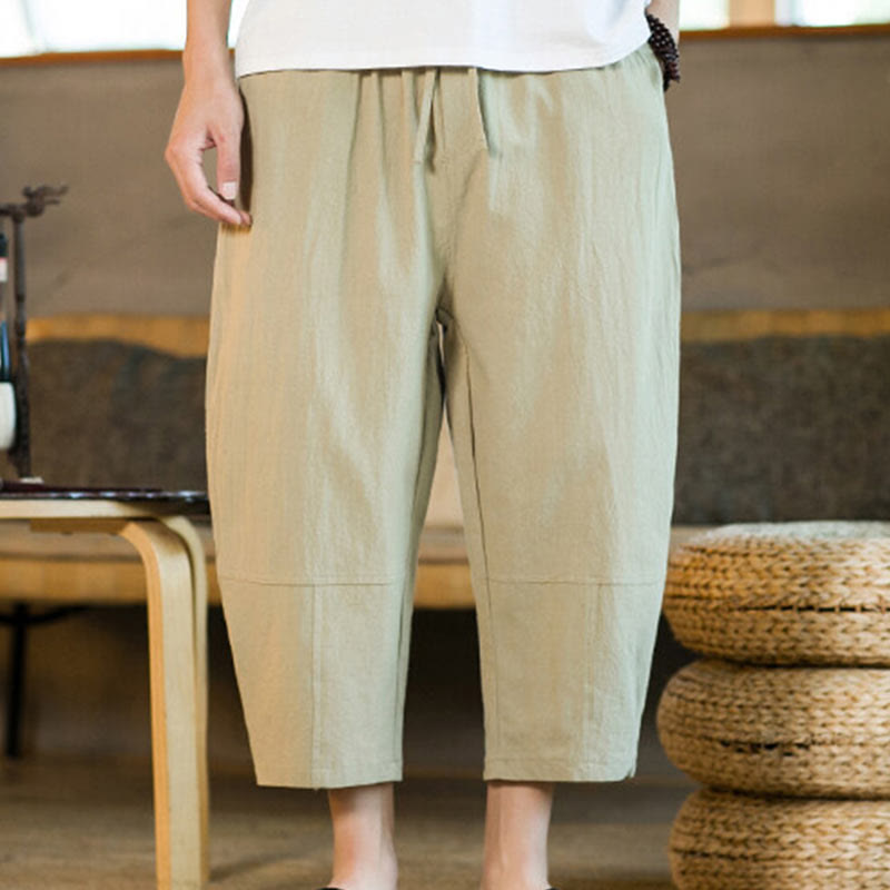 Buddha Stones Simple Design Drawstring Cotton Linen Men's Solid Color Harem Pants With Pockets - image 5