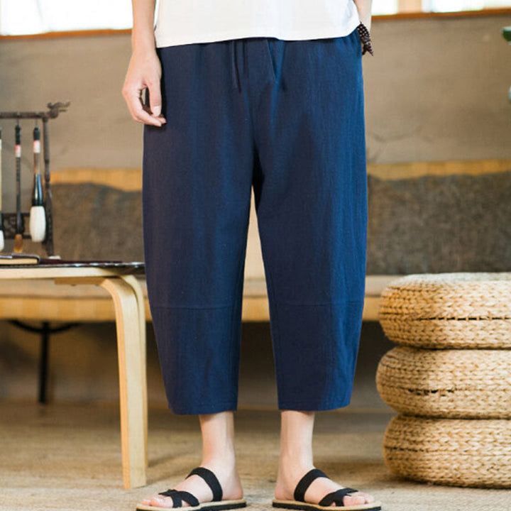 Buddha Stones Simple Design Drawstring Cotton Linen Men's Solid Color Harem Pants With Pockets - Navy - US/UK/AU46,EU56 (5XL) - image 29