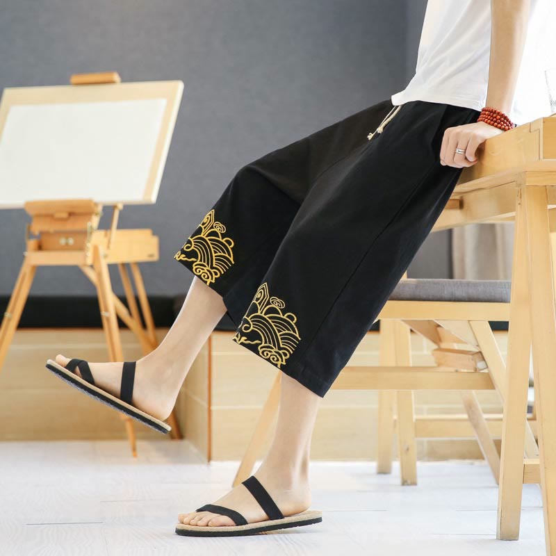 Buddha Stones Spring Casual Embroidery Drawstring Men's 7-8 Length Cotton Linen Harem Pants With Pockets - image 7