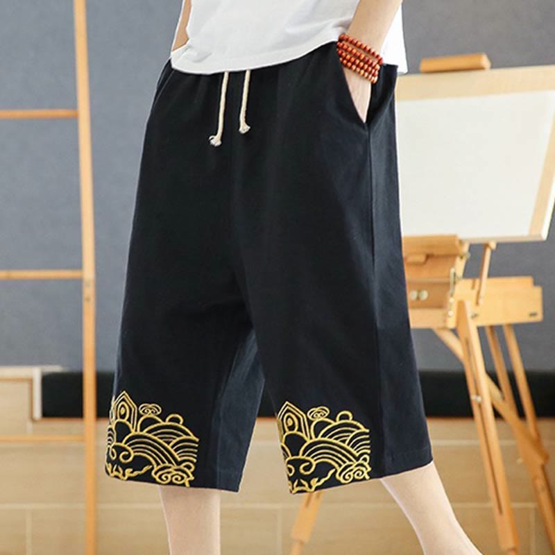 Buddha Stones Spring Casual Embroidery Drawstring Men's 7-8 Length Cotton Linen Harem Pants With Pockets - Black - US/UK/AU46,EU56 (5XL) - image 0