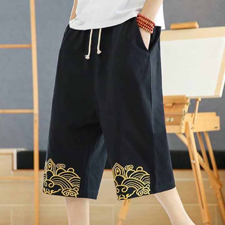 Buddha Stones Spring Casual Embroidery Drawstring Men's 7-8 Length Cotton Linen Harem Pants With Pockets - Black - US/UK/AU46,EU56 (5XL) - image 0