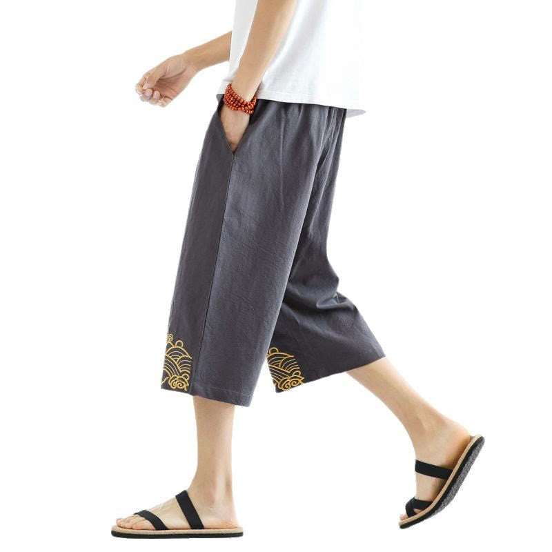 Buddha Stones Spring Casual Embroidery Drawstring Men's 7-8 Length Cotton Linen Harem Pants With Pockets - image 22