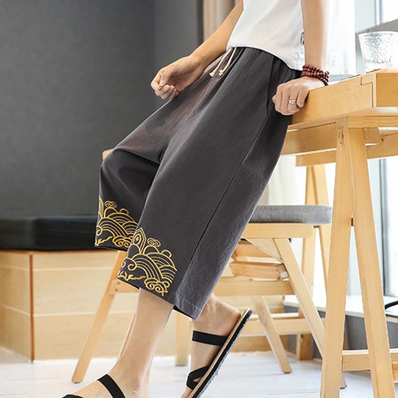 Buddha Stones Spring Casual Embroidery Drawstring Men's 7-8 Length Cotton Linen Harem Pants With Pockets - image 20