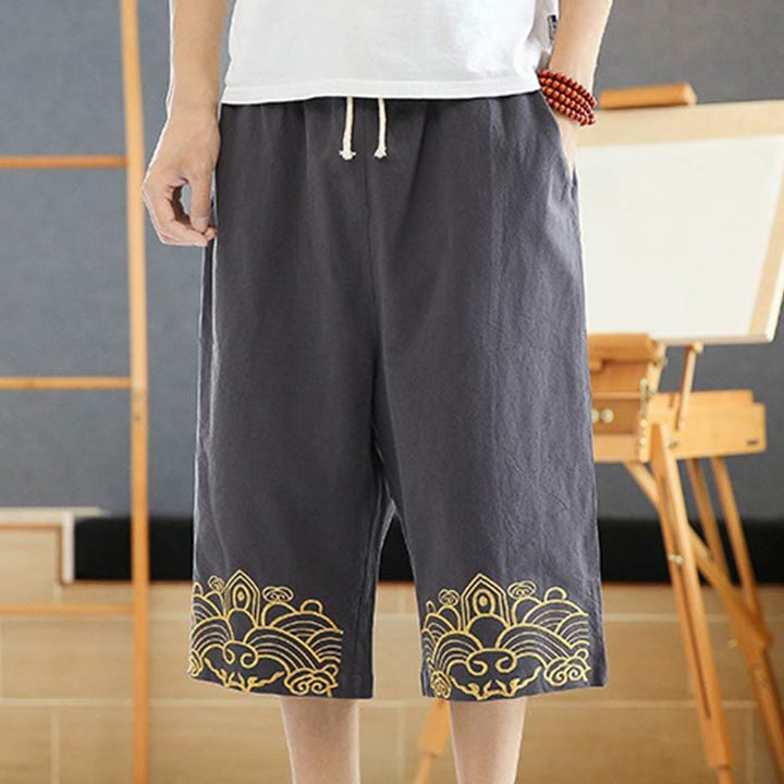 Buddha Stones Spring Casual Embroidery Drawstring Men's 7-8 Length Cotton Linen Harem Pants With Pockets - SlateGray - US/UK/AU46,EU56 (5XL) - image 8
