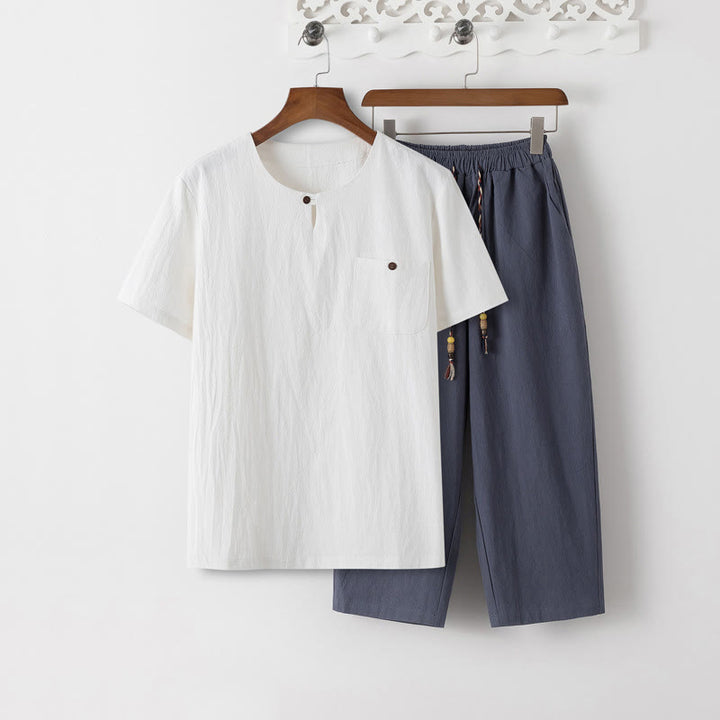Buddha Stones Summer 2Pcs Plain Short Sleeve T-Shirt 7-8 Length Pants Cotton Linen Tang Suit Men's Meditation Cloth Set With Pockets - White T-Shirt & SlateGray Pants - US/UK/AU46,EU56 (5XL) - image 0