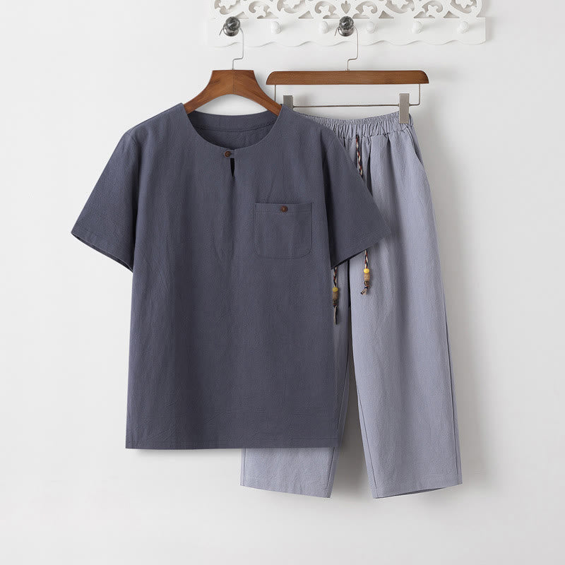 Buddha Stones Summer 2Pcs Plain Short Sleeve T-Shirt 7-8 Length Pants Cotton Linen Tang Suit Men's Meditation Cloth Set With Pockets - SlateGray T-Shirt & LightSteelBlue Pants - US/UK/AU46,EU56 (5XL) - image 11