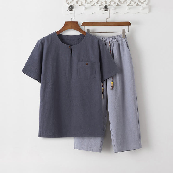 Buddha Stones Summer 2Pcs Plain Short Sleeve T-Shirt 7-8 Length Pants Cotton Linen Tang Suit Men's Meditation Cloth Set With Pockets - SlateGray T-Shirt & LightSteelBlue Pants - US/UK/AU46,EU56 (5XL) - image 11