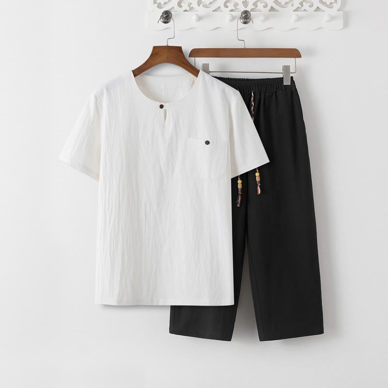 Buddha Stones Summer 2Pcs Plain Short Sleeve T-Shirt 7-8 Length Pants Cotton Linen Tang Suit Men's Meditation Cloth Set With Pockets - White T-Shirt & Black Pants - US/UK/AU46,EU56 (5XL) - image 15