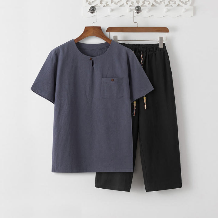 Buddha Stones Summer 2Pcs Plain Short Sleeve T-Shirt 7-8 Length Pants Cotton Linen Tang Suit Men's Meditation Cloth Set With Pockets - SlateGray T-Shirt & Black Pants - US/UK/AU46,EU56 (5XL) - image 12