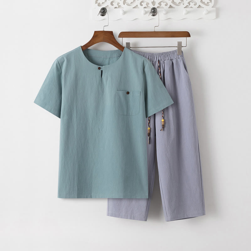 Buddha Stones Summer 2Pcs Plain Short Sleeve T-Shirt 7-8 Length Pants Cotton Linen Tang Suit Men's Meditation Cloth Set With Pockets - PaleTurquoise T-Shirt & LightSteelBlue Pants - US/UK/AU46,EU56 (5XL) - image 18