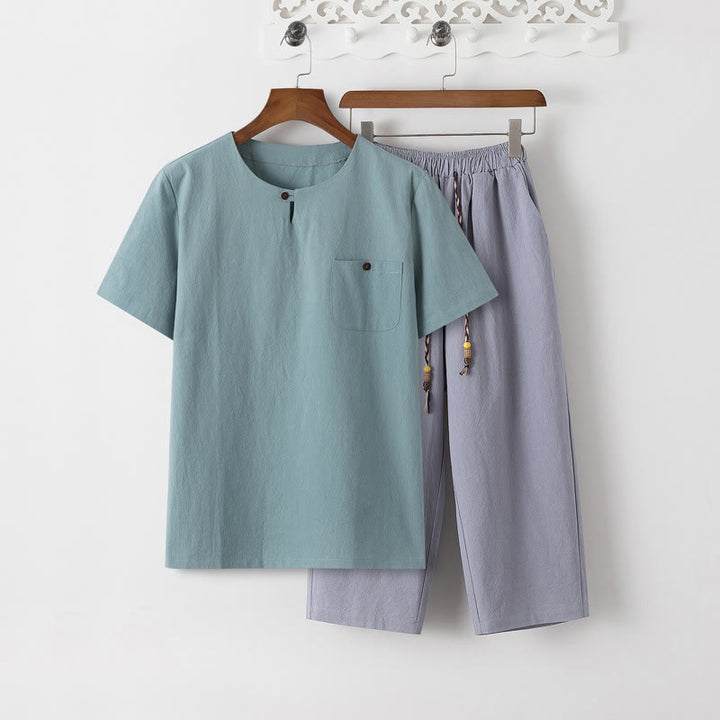 Buddha Stones Summer 2Pcs Plain Short Sleeve T-Shirt 7-8 Length Pants Cotton Linen Tang Suit Men's Meditation Cloth Set With Pockets - PaleTurquoise T-Shirt & LightSteelBlue Pants - US/UK/AU46,EU56 (5XL) - image 18