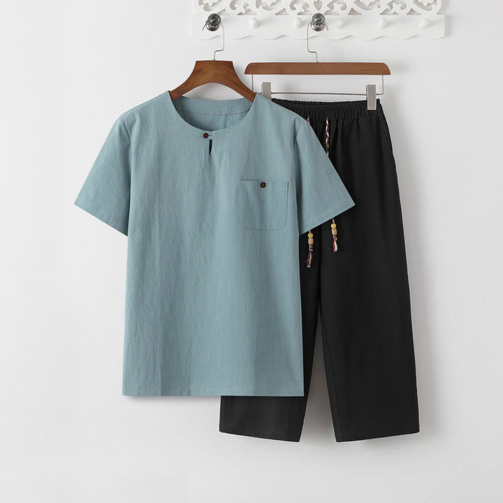 Buddha Stones Summer 2Pcs Plain Short Sleeve T-Shirt 7-8 Length Pants Cotton Linen Tang Suit Men's Meditation Cloth Set With Pockets - PaleTurquoise T-Shirt & Black Pants - US/UK/AU46,EU56 (5XL) - image 17