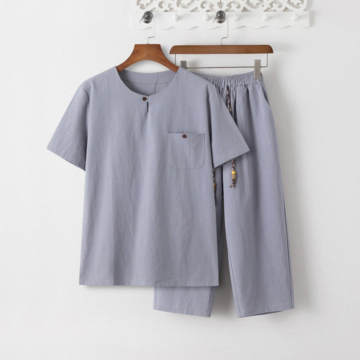 Buddha Stones Summer 2Pcs Plain Short Sleeve T-Shirt 7-8 Length Pants Cotton Linen Tang Suit Men's Meditation Cloth Set With Pockets - LightSteelBlue T-Shirt & LightSteelBlue Pants - US/UK/AU46,EU56 (5XL) - image 10