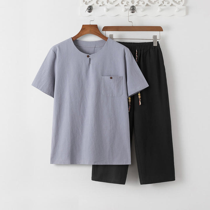 Buddha Stones Summer 2Pcs Plain Short Sleeve T-Shirt 7-8 Length Pants Cotton Linen Tang Suit Men's Meditation Cloth Set With Pockets - LightSteelBlue T-Shirt & Black Pants - US/UK/AU46,EU56 (5XL) - image 14