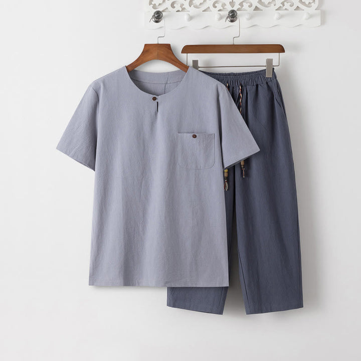 Buddha Stones Summer 2Pcs Plain Short Sleeve T-Shirt 7-8 Length Pants Cotton Linen Tang Suit Men's Meditation Cloth Set With Pockets - LightSteelBlue T-Shirt & SlateGray Pants - US/UK/AU46,EU56 (5XL) - image 13