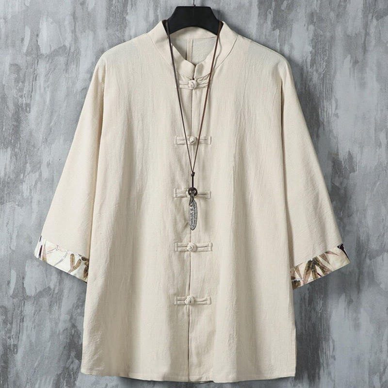 Buddha Stones Summer Frog-button Patchwork Half Sleeve Design Cotton Linen Men's Shirt Jacket - Beige - US/UK/AU46,EU56 (5XL) - image 12