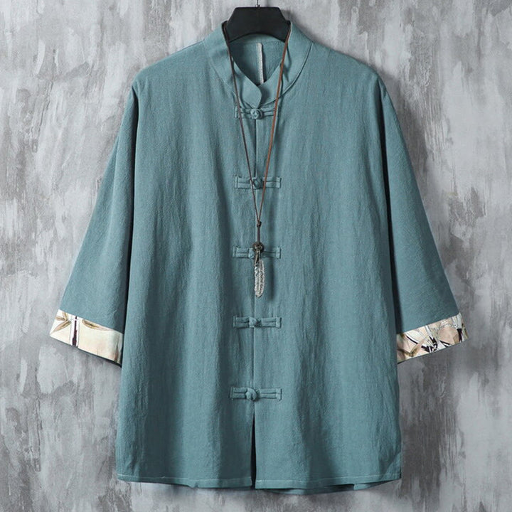 Buddha Stones Summer Frog-button Patchwork Half Sleeve Design Cotton Linen Men's Shirt Jacket - DarkCyan - US/UK/AU46,EU56 (5XL) - image 11