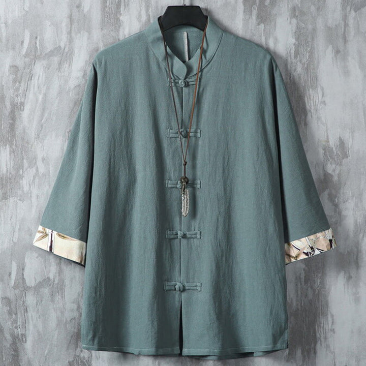 Buddha Stones Summer Frog-button Patchwork Half Sleeve Design Cotton Linen Men's Shirt Jacket - CadetBlue - US/UK/AU46,EU56 (5XL) - image 0