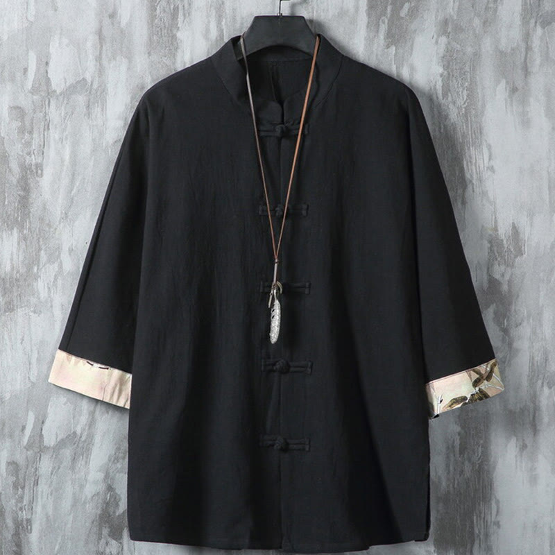 Buddha Stones Summer Frog-button Patchwork Half Sleeve Design Cotton Linen Men's Shirt Jacket - Black - US/UK/AU46,EU56 (5XL) - image 1
