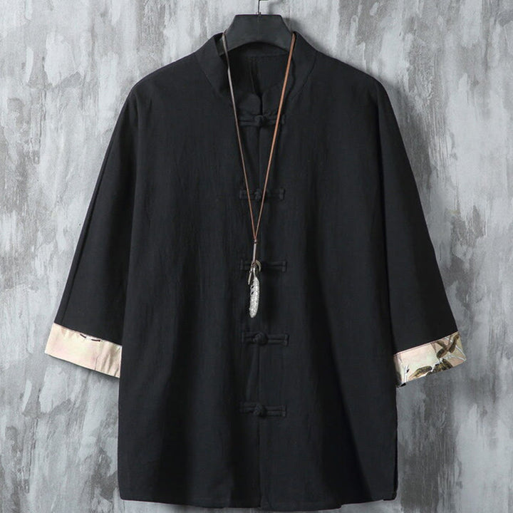 Buddha Stones Summer Frog-button Patchwork Half Sleeve Design Cotton Linen Men's Shirt Jacket - Black - US/UK/AU46,EU56 (5XL) - image 1