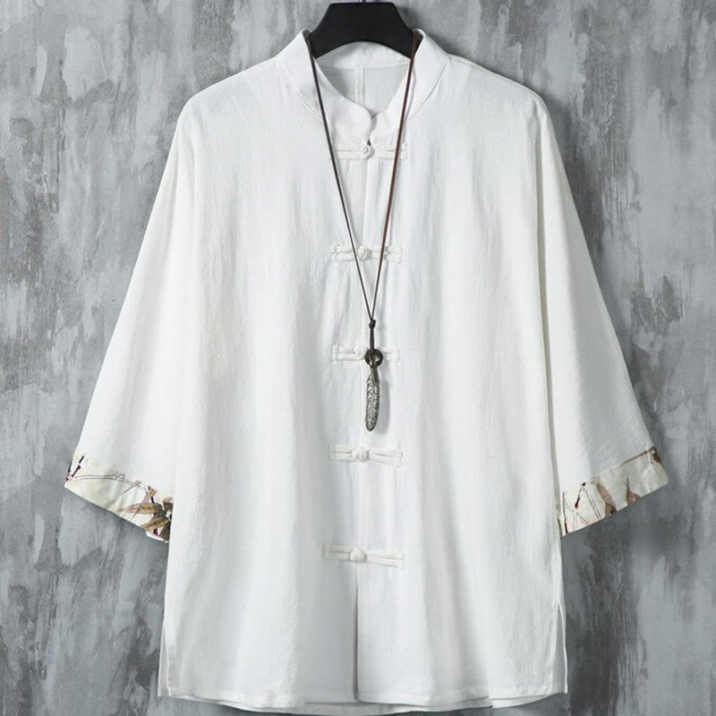 Buddha Stones Summer Frog-button Patchwork Half Sleeve Design Cotton Linen Men's Shirt Jacket - White - US/UK/AU46,EU56 (5XL) - image 2