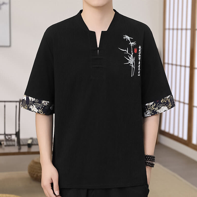Buddha Stones Summer Embroidery Bamboo Pattern Patchwork Design Men's Half Sleeve Cotton Linen T-Shirt - Black - US/UK/AU46,EU56 (5XL) - image 1