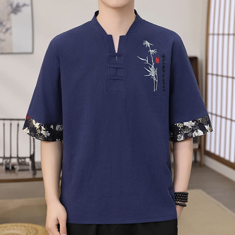 Buddha Stones Summer Embroidery Bamboo Pattern Patchwork Design Men's Half Sleeve Cotton Linen T-Shirt - DarkSlateBlue - US/UK/AU46,EU56 (5XL) - image 4