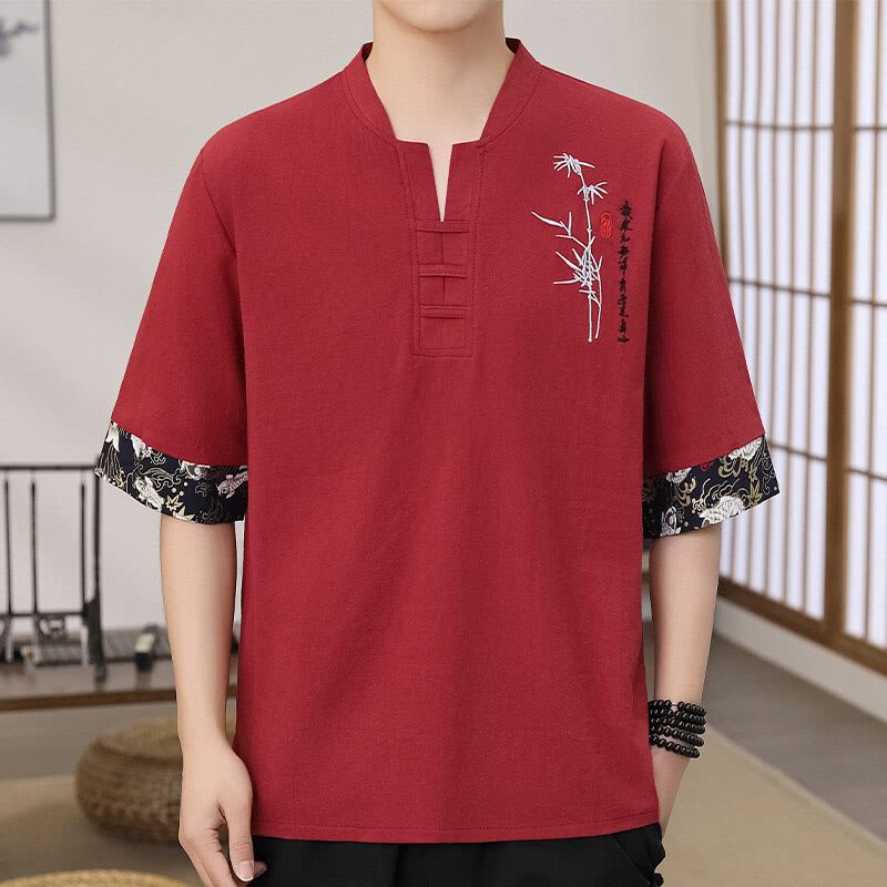 Buddha Stones Summer Embroidery Bamboo Pattern Patchwork Design Men's Half Sleeve Cotton Linen T-Shirt - Crimson - US/UK/AU46,EU56 (5XL) - image 5
