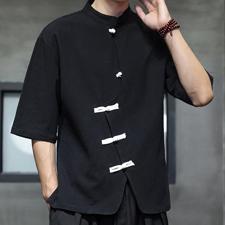 Buddha Stones Plain Chinese Frog-Button Stand Collar Cotton Linen Men's Half Sleeve Shirt - Black - US/UK/AU46,EU56 (5XL) - image 0