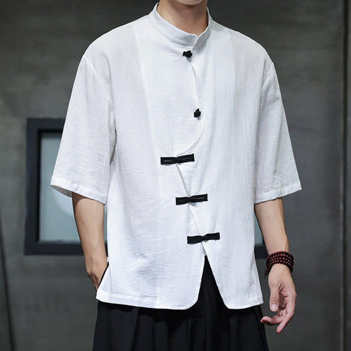 Buddha Stones Plain Chinese Frog-Button Stand Collar Cotton Linen Men's Half Sleeve Shirt - White - US/UK/AU46,EU56 (5XL) - image 6