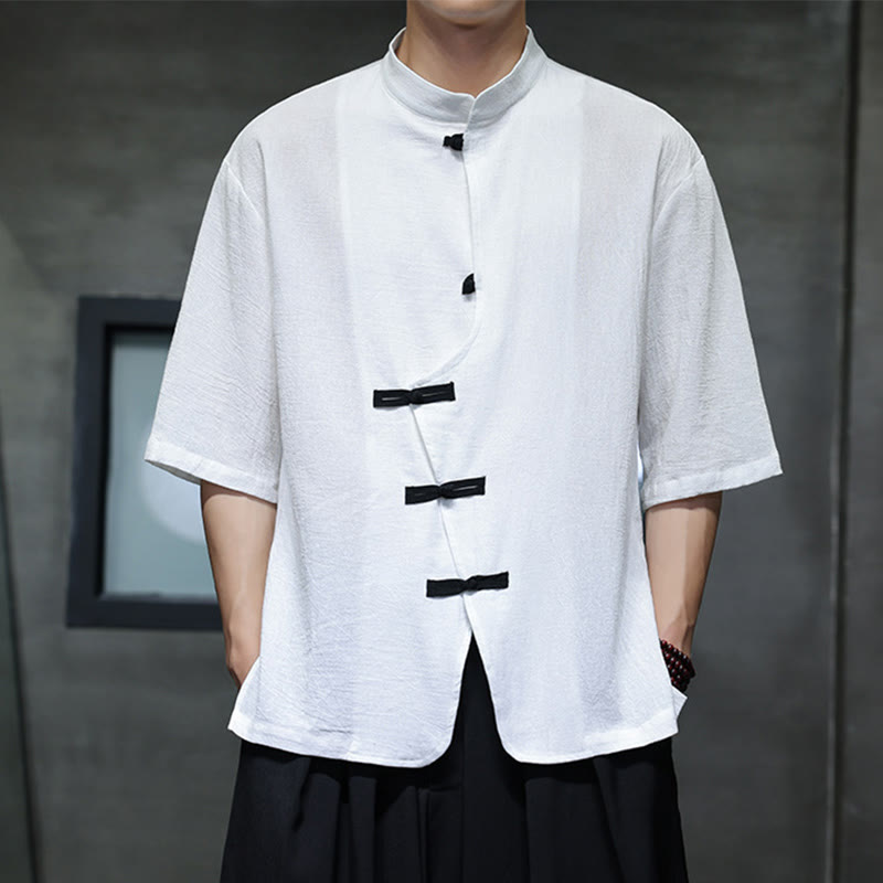 Buddha Stones Plain Chinese Frog-Button Stand Collar Cotton Linen Men's Half Sleeve Shirt - image 7